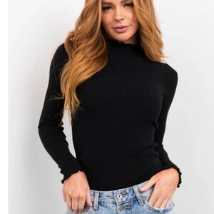 Black Fitted Lettuce Trim Mock Neck Ribbed Top